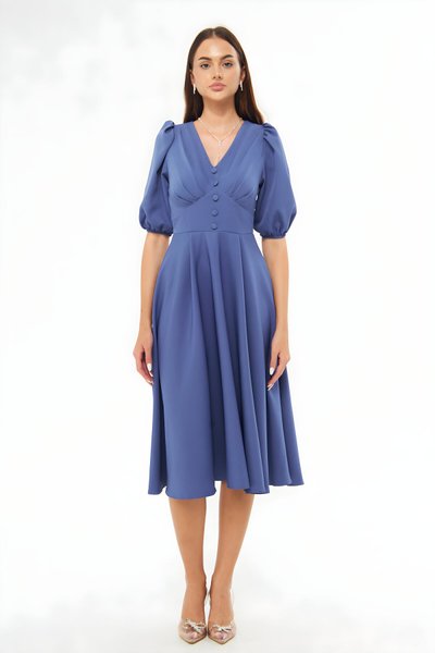 Kot Mavi Balon Kol V Yaka Korsaj Kemer Detaylı Midi Elbise