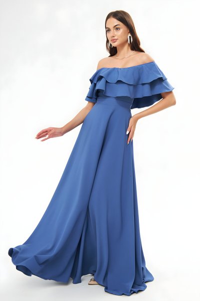 Kot Mavi Uzun Kloş Düşük Omuz Çift Kat Fırfır Abiye Elbise