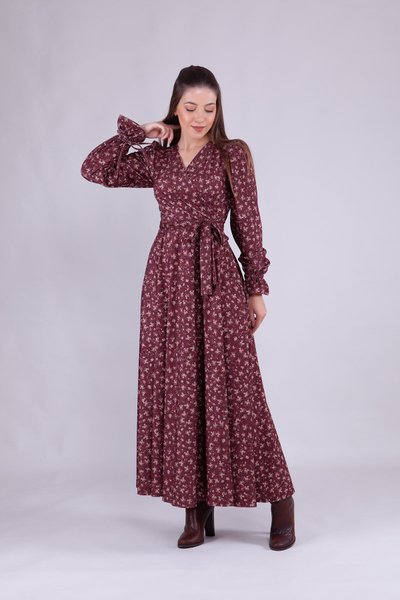 Koyu Bordo Çiçek Desenli Uzun Kol Kruvaze Yaka Kadife Elbise