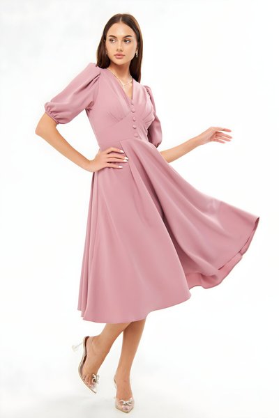 Koyu Gül Kurusu Midi Balon Kol V Yaka Korsaj Detay Abiye Elbise