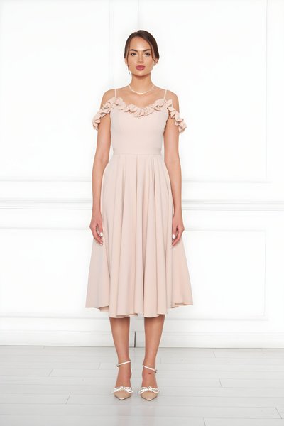 Krem Midi Ayarlanabilir Askılı Yaka Fırfır Detay Kloş Abiye Elbise