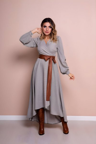 Krem Siyah Vizon Ekose Uzun Kol Asimetrik Kesim Taba Deri Kemerli Elbise