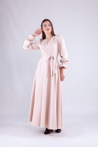 Krem Uzun Kol Kruvaze Yaka Elbise