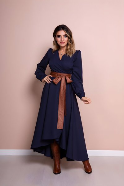 Lacivert Asimetrik Kesim Uzun Kol Deri Kemerli Elbise