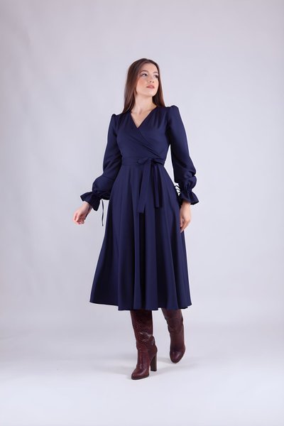 Midi Long-Sleeve Wrap-Neck Dress - Navy Blue