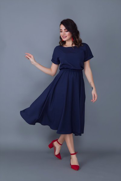 Lacivert Midi Yarasa Kol Beli Lastikli Cepli Elbise