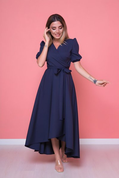 Lacivert Önü Kısa Arkası Uzun Asimetrik Kesim Elbise