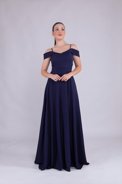 Lacivert Uzun Straplez Omuz Detay Askılı Abiye Elbise