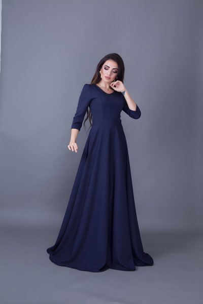 Long V-Neck Dress - Navy Blue