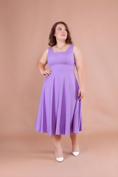 Leylak Büyük Beden Midi Kare Yaka Elbise