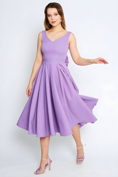 Leylak Midi Kloş Sırtı Fiyonklu Pileli Abiye Elbise