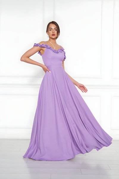 Leylak Uzun Kloş Straplez Ayarlanabilir Askılı Fırfır Detay Abiye Elbise