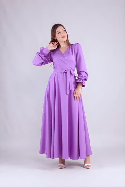 Leylak Uzun Kruvaze Yaka Abiye Elbise