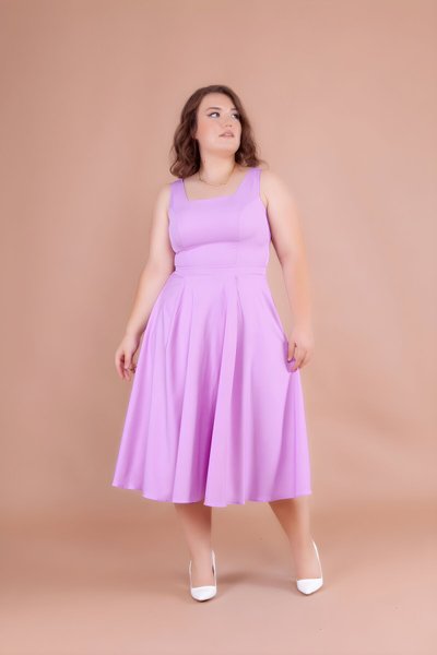 Lila Büyük Beden Midi Kare Yaka Elbise