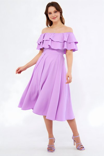 Lila Leylak Midi Dökümlü Fırfır Yaka Düşük Omuz Dokuma Kumaş Elbise