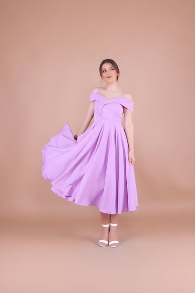 Lila Midi Askılı Düşük Omuz Detay Pileli Abiye Elbise