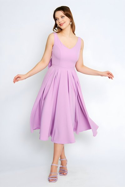 Lila Midi Kloş Pileli V Yaka Sırtı Fiyonklu Abiye Elbise