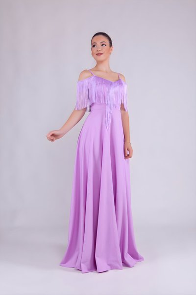 Lila Uzun Askılı Kayık Yaka Püskül Detay Abiye Elbise