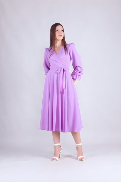 Lila Uzun Kol Midi Kruvaze Yaka Elbise