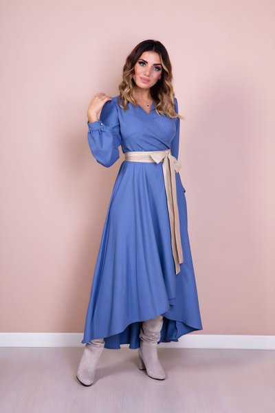 Long Sleeve Asymmetric Cut Leather-Belted Dress - Blue/Cream