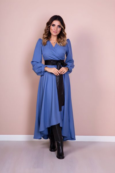Long Sleeve Asymmetrical Cut Leather Belted Dress - Blue Black