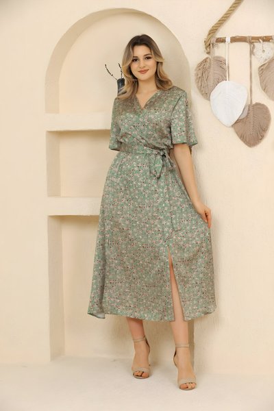 فستان ساتان ميدي بأكمام قصيرة مطبوع بالزهور ياقة لف أخضر نعناعي