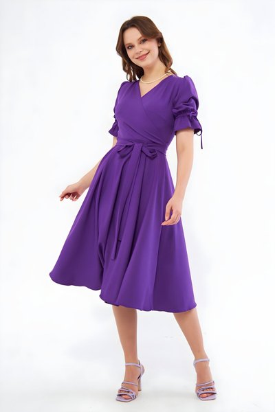 Mor Midi Kruvaze Yaka Büzgülü Kolları Lastikli Kuşaklı Elbise