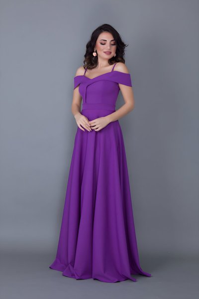 Mor Uzun Askılı Kloş Düşük Omuz Detaylı Nişan Abiye Elbise