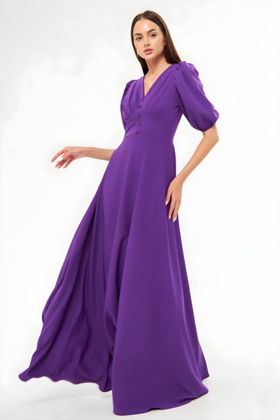 Mor Uzun Balon Kol V Yaka Korsaj Kemer Detaylı Abiye Elbise