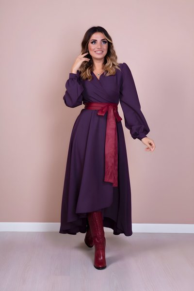 Mürdüm Bordo Uzun Kol Asimetrik Kesim Deri Kemerli Elbise