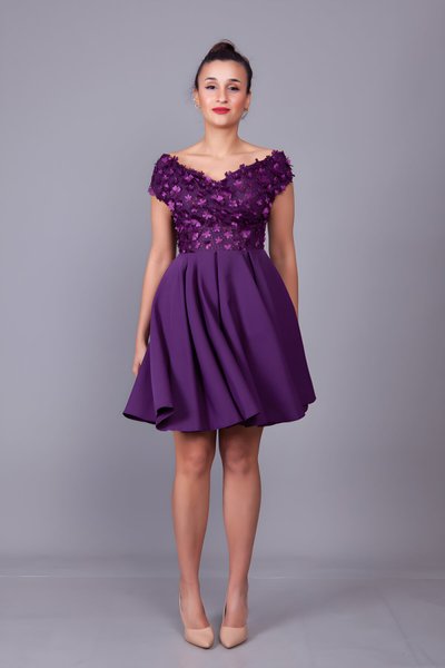 Mürdüm Çiçekli Mini Kayık Yaka Tül Detay Abiye Elbise