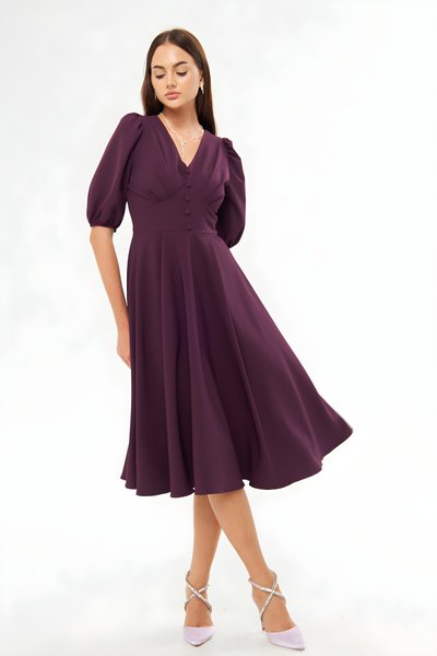 Mürdüm Midi Balon Kol V Yaka Korsaj Kemer Detaylı Abiye Elbise