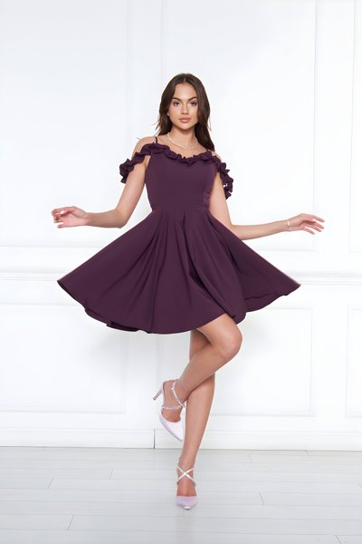 Mürdüm Mini Kloş Pileli Ayarlanabilir Askılı Fırfır Detaylı Abiye Elbise