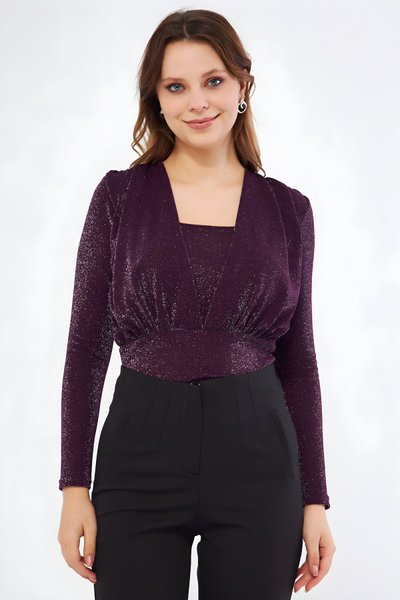 Mürdüm Simli Örme Uzun Kol Büzgü Detay Çıtçıtlı Body