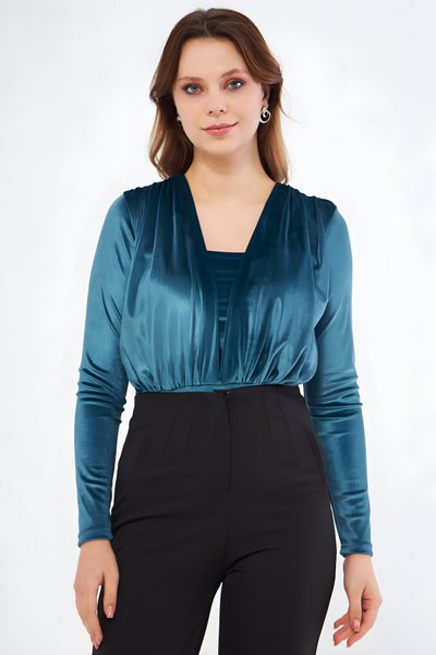 Petrol Kadife Uzun Kol Büzgü Detay Body