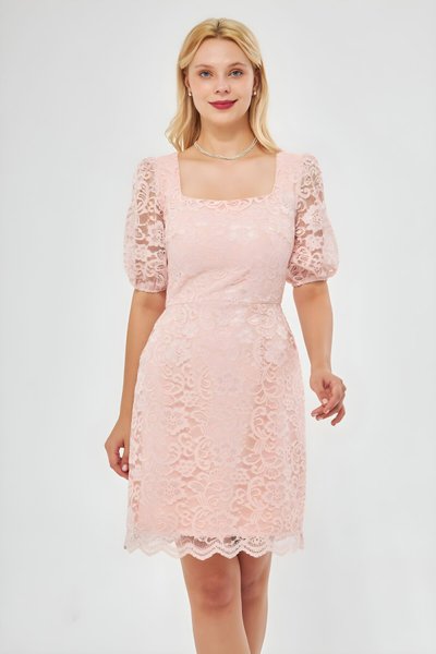 Pudra Fransız Dantel Mini Balon Kol Kare Yaka Abiye Elbise