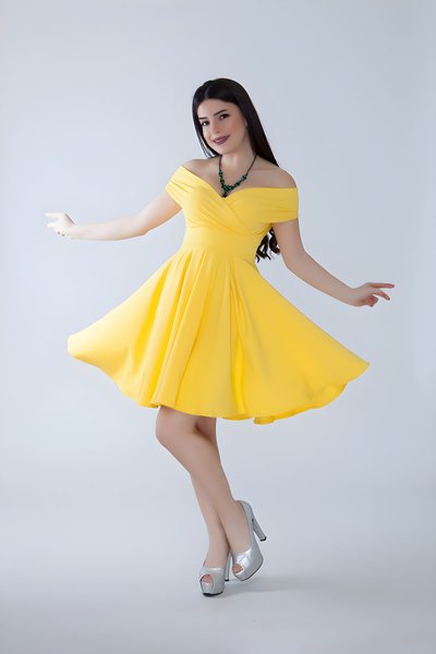 Sarı Mini Kloş Kayık Yaka Pileli Abiye Elbise