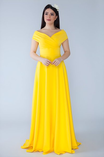 Sarı Uzun Kruvaze Kayık Yaka Düşük Omuz Abiye Elbise