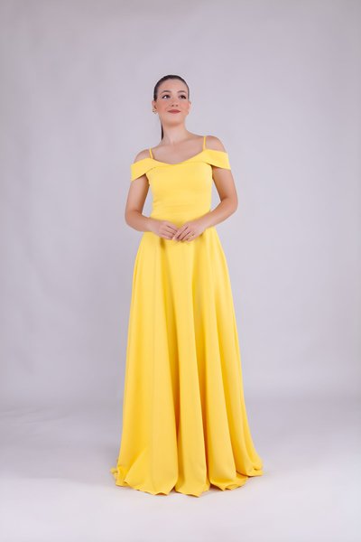 Sarı Uzun Straplez Omuz Detay Askılı Abiye Elbise