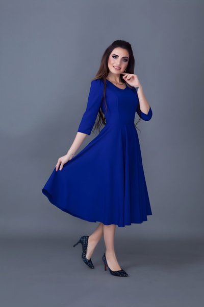 Sax Mavi Midi V Yaka Cep Detaylı Elbise