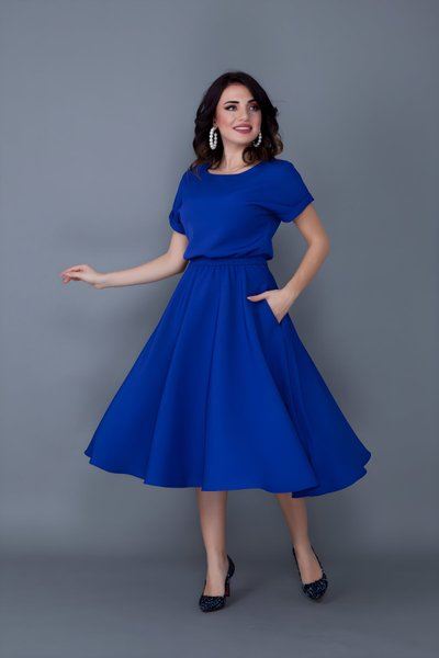 Sax Mavi Midi Yarasa Kol Beli Lastikli Cepli Elbise