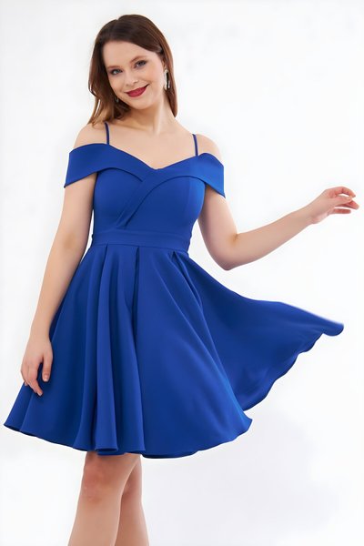 Mini Flared Pleated Strappy Boat-Neck Evening Dress - Sax Blue