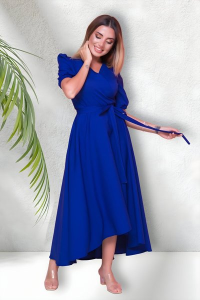 Sax Mavi Uzun Asimetrik Kesim Kruvaze Yaka Kısa Kol Abiye Elbise