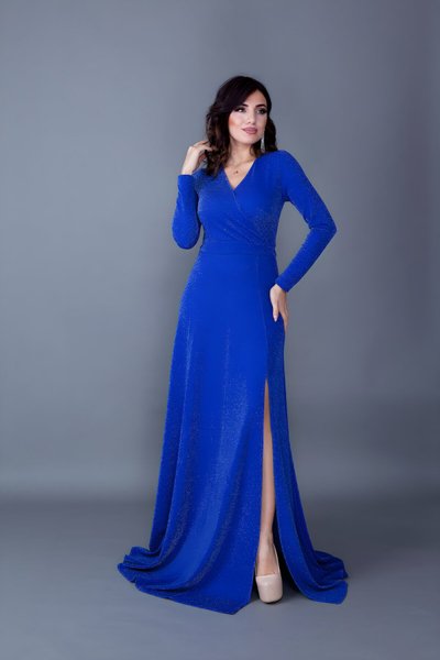 Sax Mavi Uzun Simli Kumaş Kruvaze Yaka Yırtmaçlı Abiye Elbise