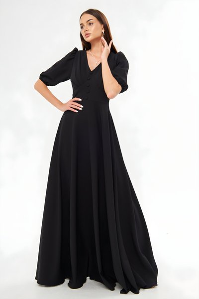 Siyah Uzun Balon Kol V Yaka Korsaj Kemer Detay Süs Düğmeli Göğüs Pileli Dokuma Dökümlü Kumaş Abiye Elbise