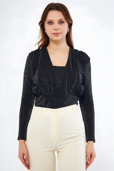 بودي أسود بأكمام طويلة محبوك لامع بتفاصيل تجمعات وأزرار كبس