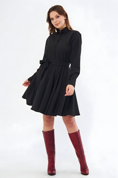 Siyah Uzun Kollu Dökümlü Beli Lastikli Kuşaklı Mini Gömlek Elbise