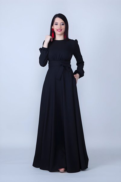 Siyah Yuvarlak Yaka Beli Büzgülü Kuşaklı Cepli Dokuma Kumaş Tesettür Abiye Elbise