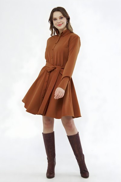 Tarcın Dokuma Dökümlü Mini Uzun Kol Beli Lastikli Kuşaklı Gömlek Elbise