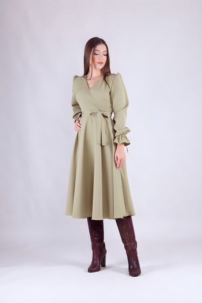 Yağ Yeşili Uzun Kol Midi Kruvaze Yaka Elbise